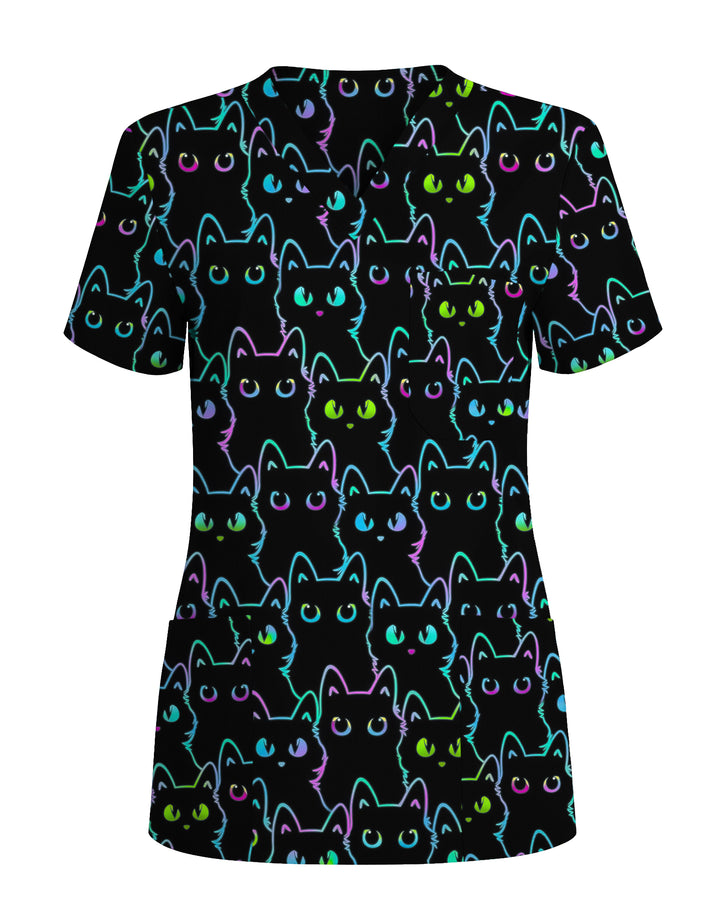 Neon Black Cat Allover Pattern Illustration Women Scrub Top