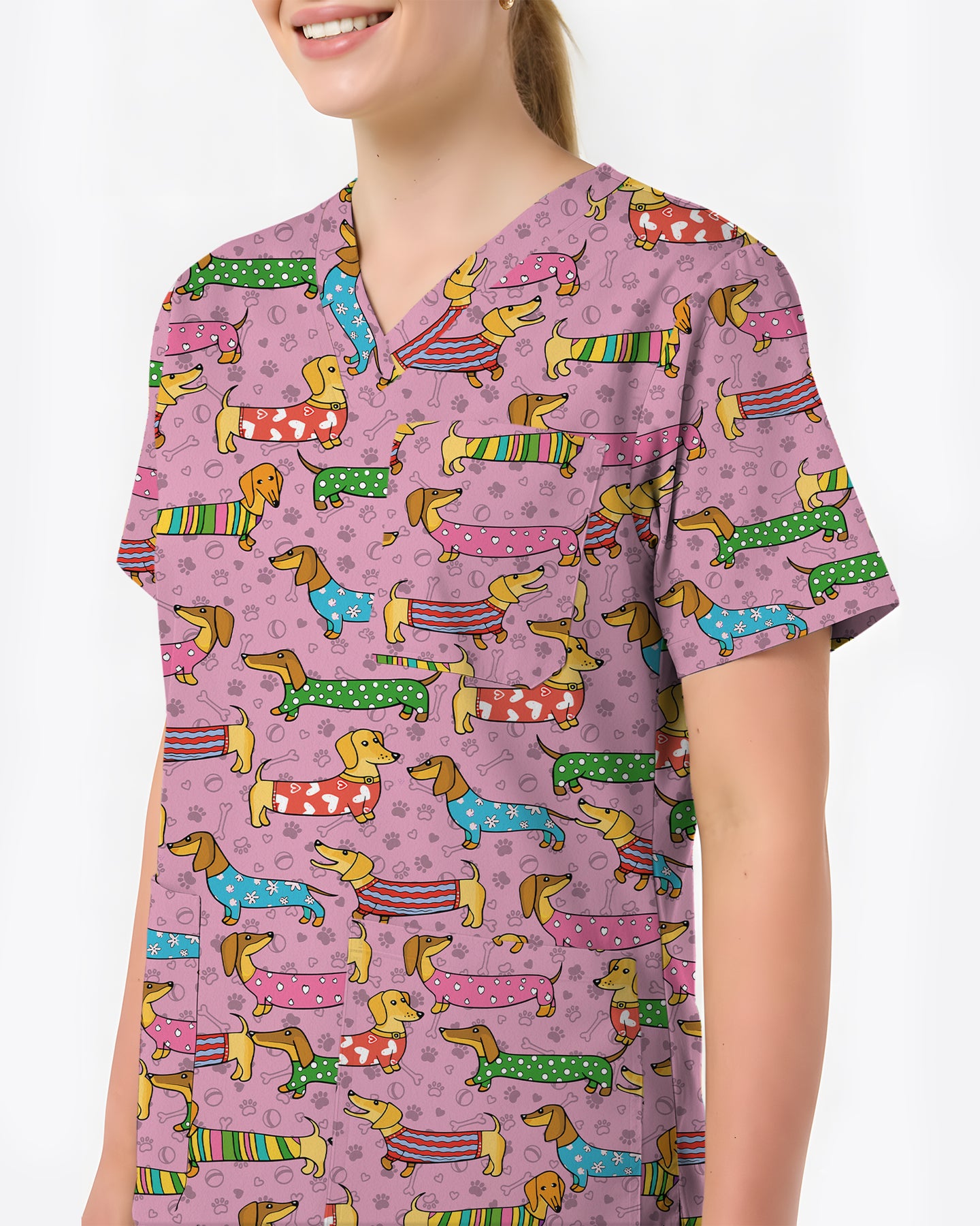 Cute Dachshund Cartoon Nurse Character Illustration Women Scrub Top