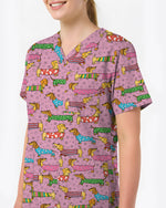 Cute Dachshund Cartoon Nurse Character Illustration Women Scrub Top
