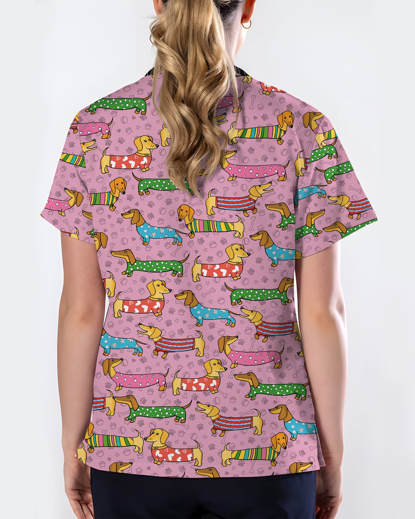 Cute Dachshund Cartoon Nurse Character Illustration Women Scrub Top