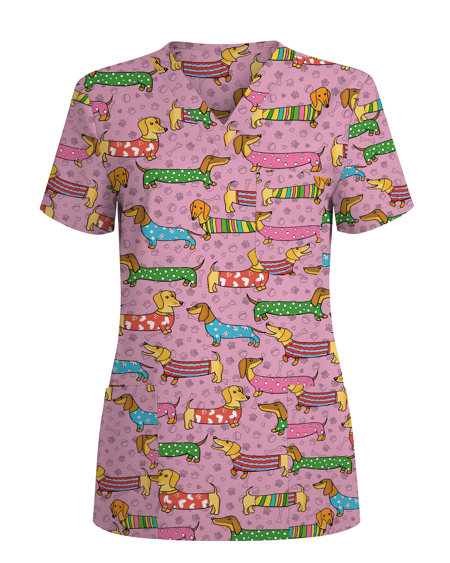 Cute Dachshund Cartoon Nurse Character Illustration Women Scrub Top