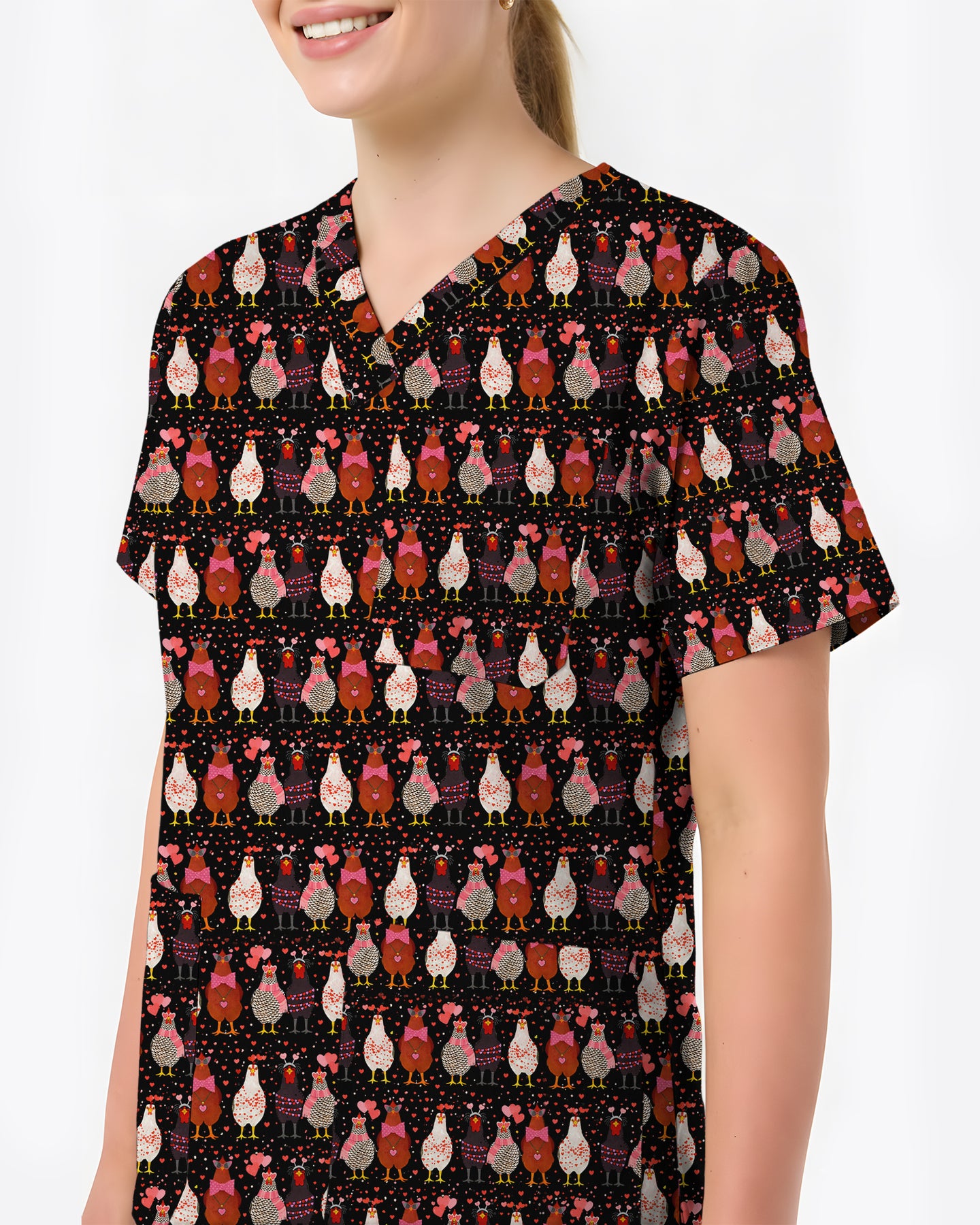 Funny Valentine Chicken with Heart Illustration Women Scrub Top