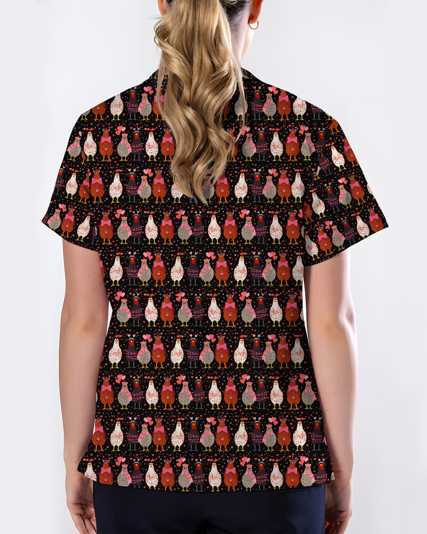 Funny Valentine Chicken with Heart Illustration Women Scrub Top