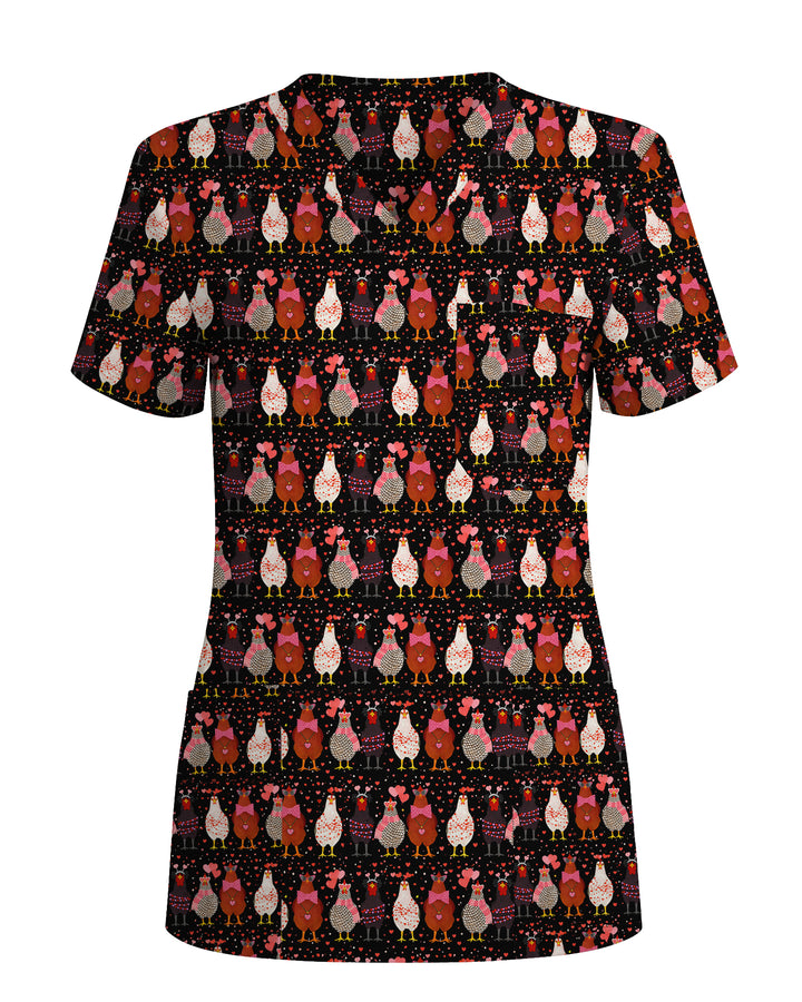 Funny Valentine Chicken with Heart Illustration Women Scrub Top