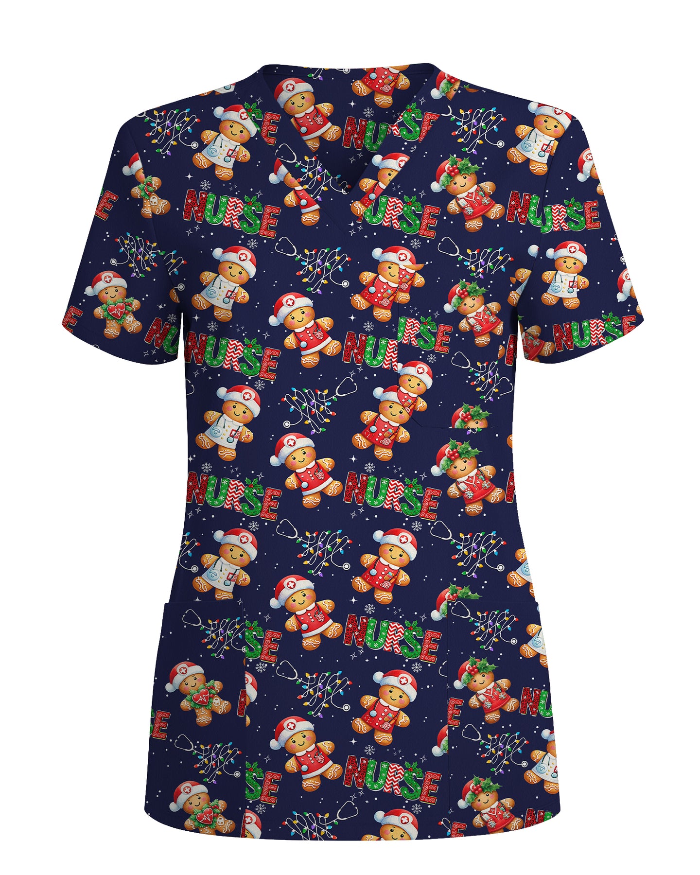 Funny Gingerbread Nurse Christmas Illustration Women Scrub Top