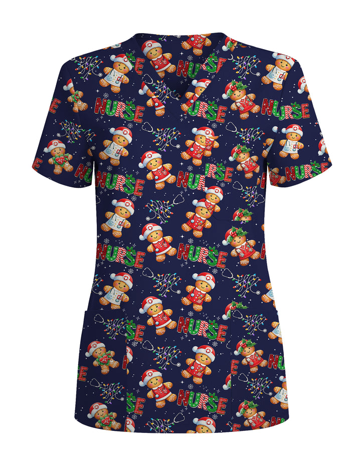 Funny Gingerbread Nurse Christmas Illustration Women Scrub Top