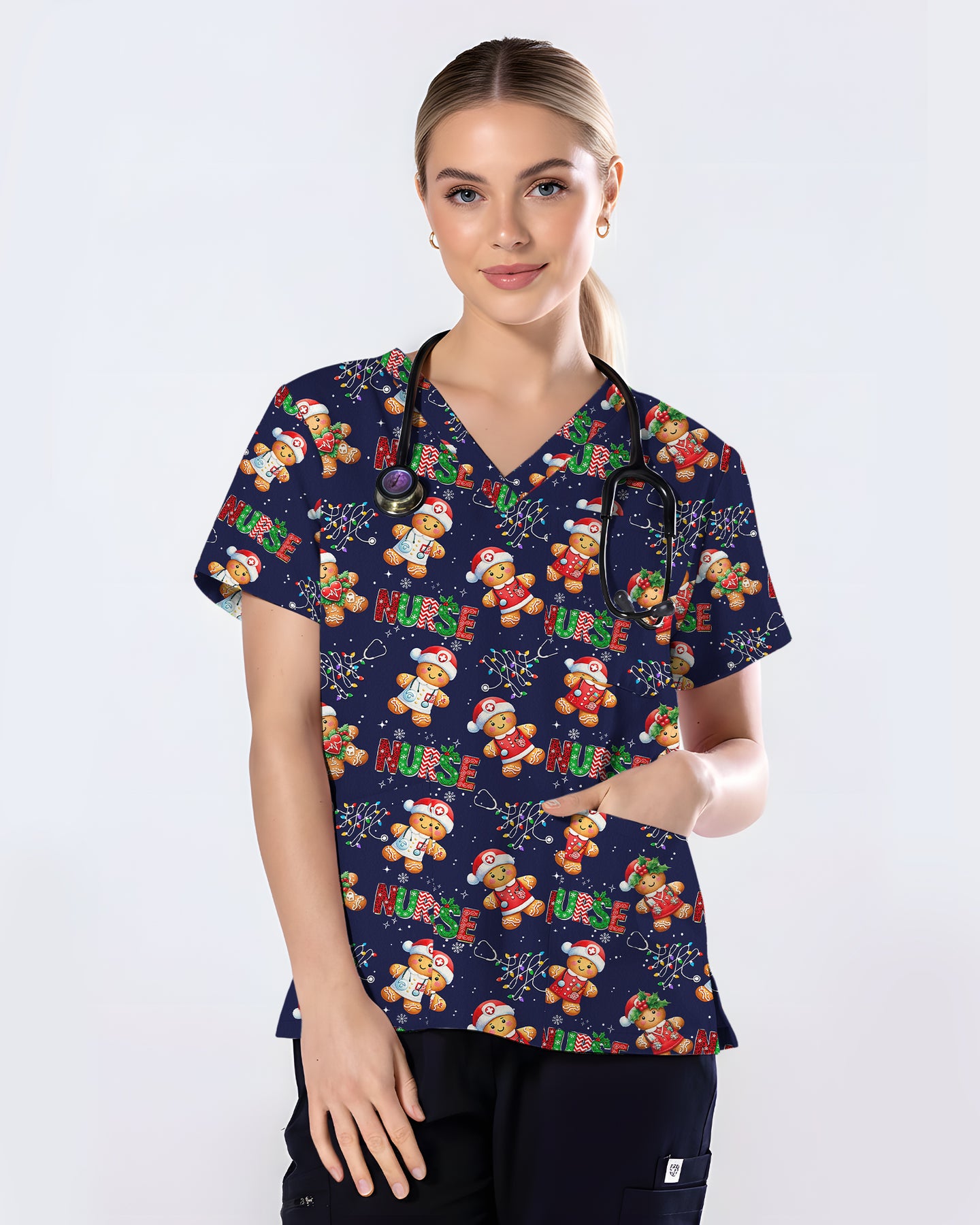 Funny Gingerbread Nurse Christmas Illustration Women Scrub Top