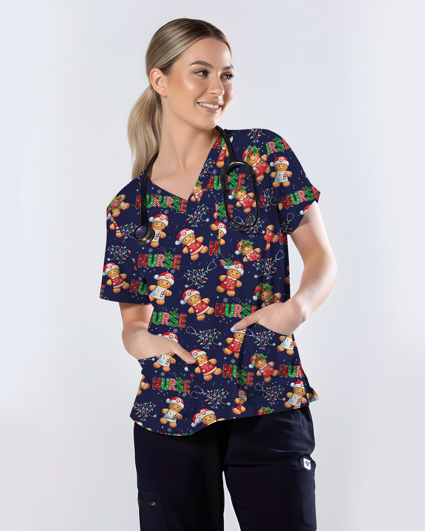 Funny Gingerbread Nurse Christmas Illustration Women Scrub Top