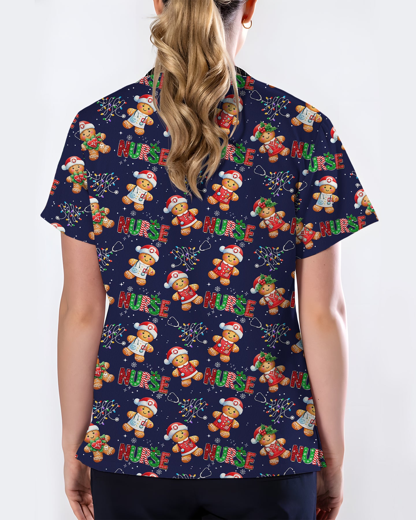 Funny Gingerbread Nurse Christmas Illustration Women Scrub Top