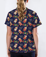 Funny Gingerbread Nurse Christmas Illustration Women Scrub Top