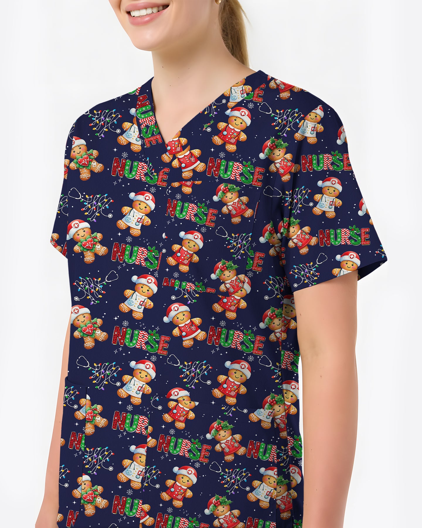 Funny Gingerbread Nurse Christmas Illustration Women Scrub Top