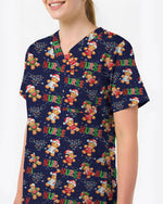 Funny Gingerbread Nurse Christmas Illustration Women Scrub Top