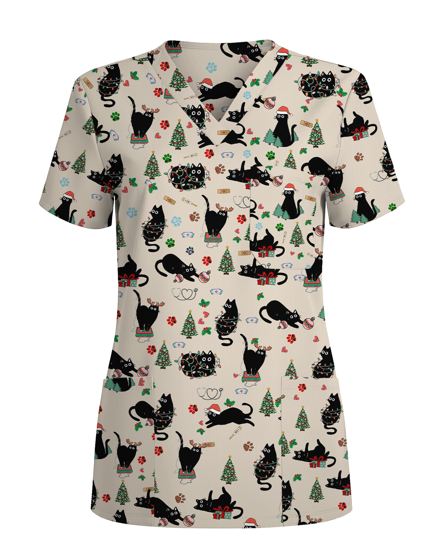 Black Cat Christmas Nurse Festive Women Scrub Top