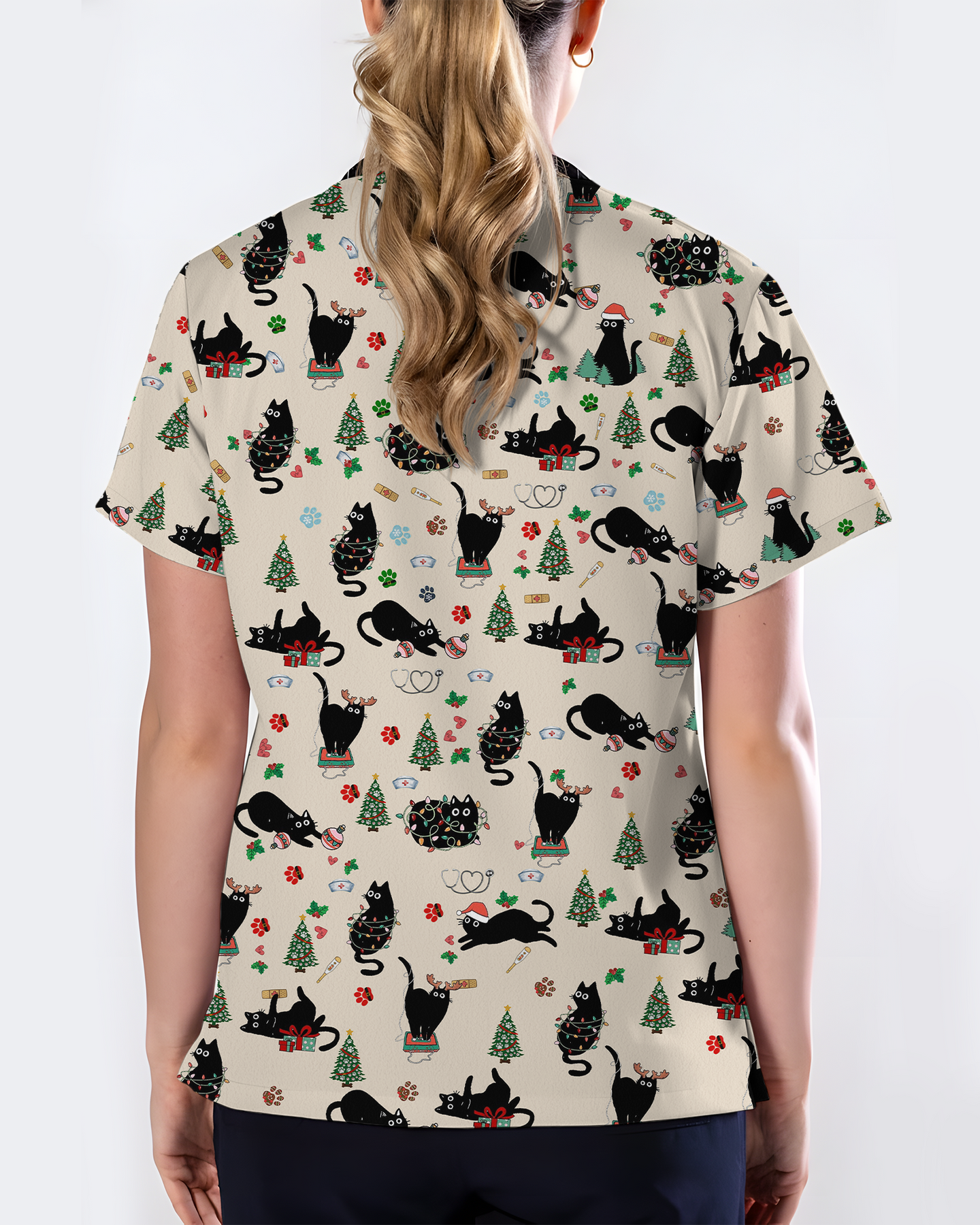 Black Cat Christmas Nurse Festive Women Scrub Top
