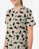 Black Cat Christmas Nurse Festive Women Scrub Top