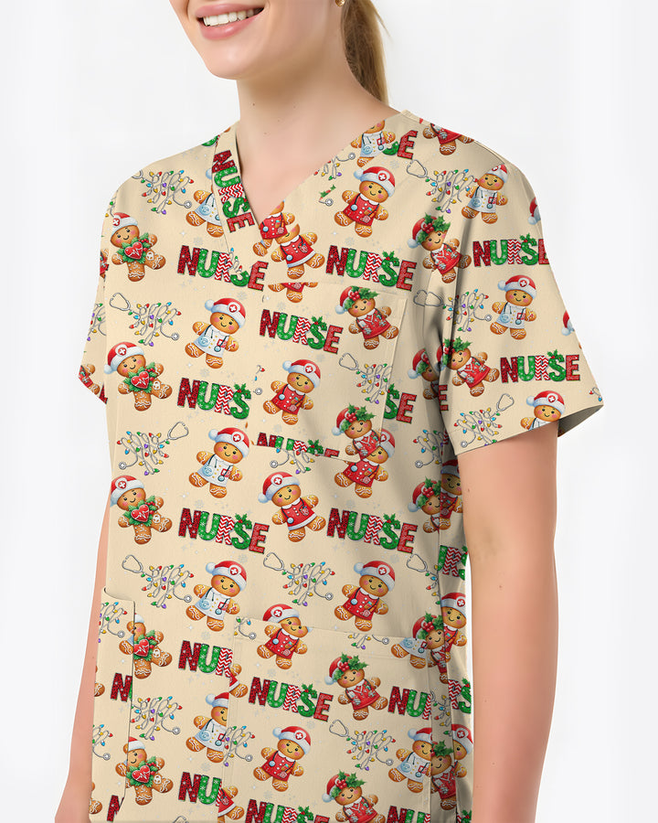 Gingerbread Nurse Christmas Holiday Cheer Women Scrub Top