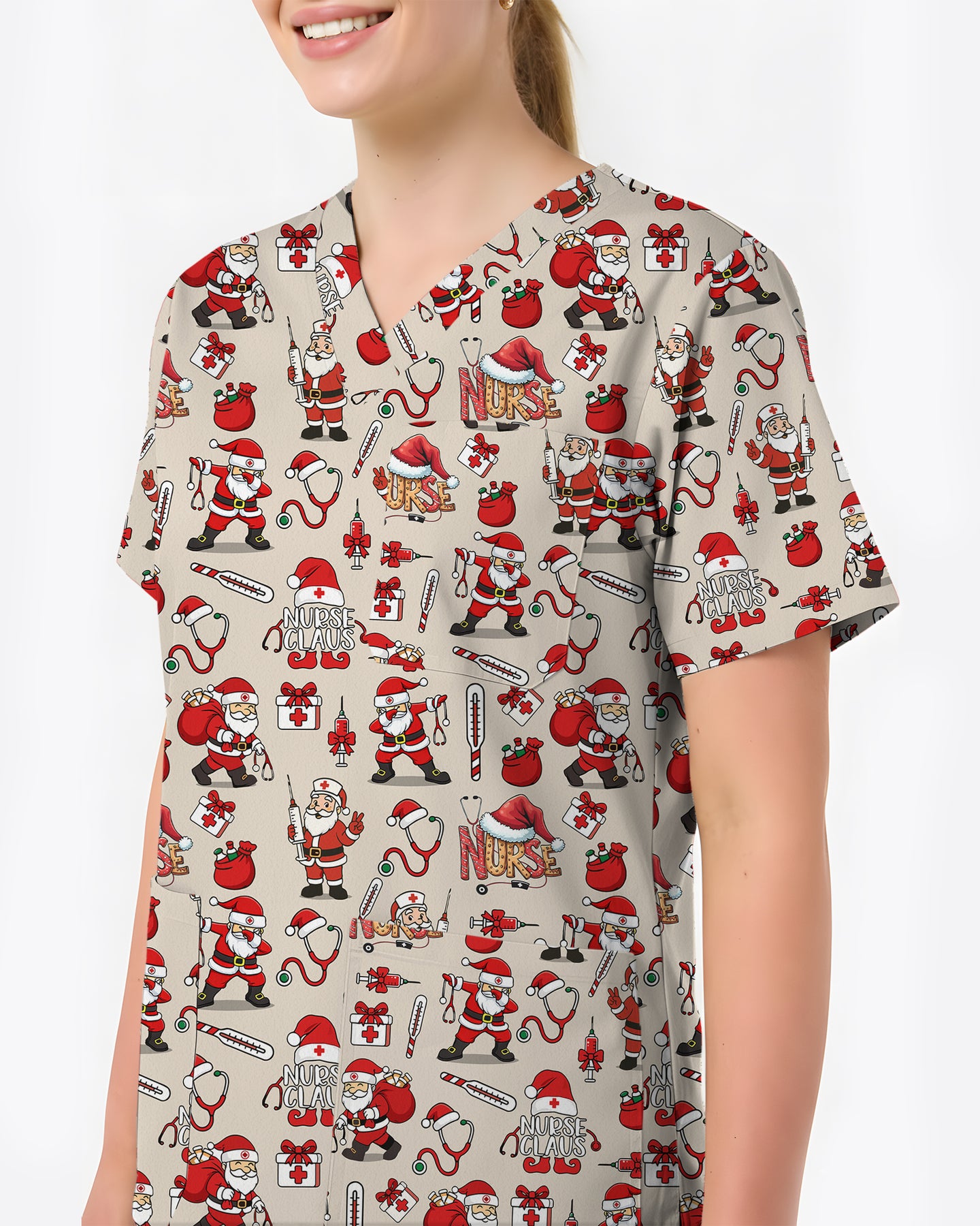 Nurse Claus Santa Holiday Cheer Women Scrub Top
