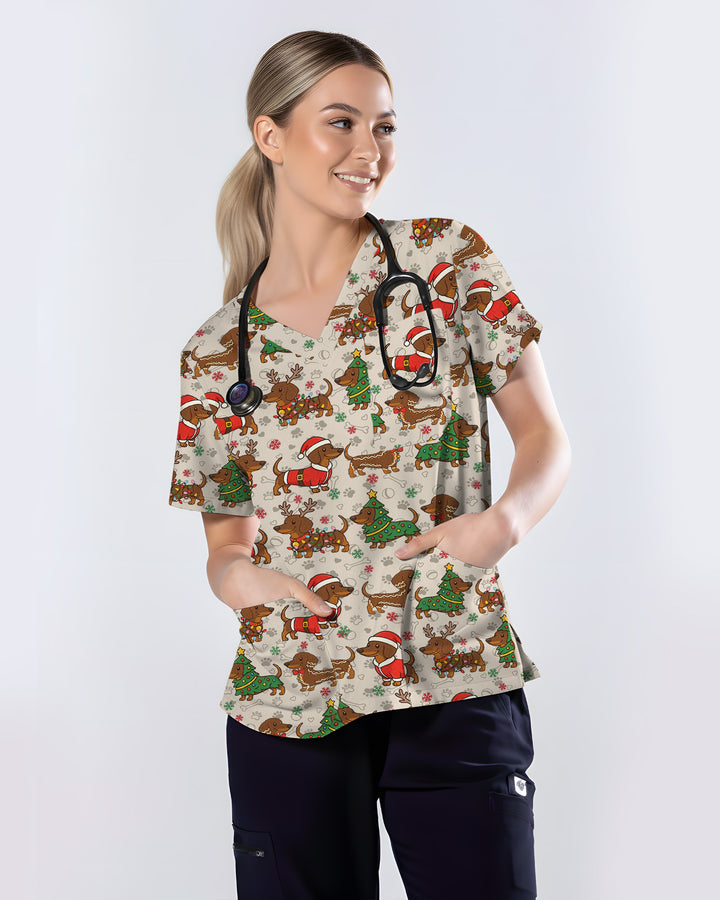 Christmas Dachshund Nurse Holiday Cheer Women Scrub Top