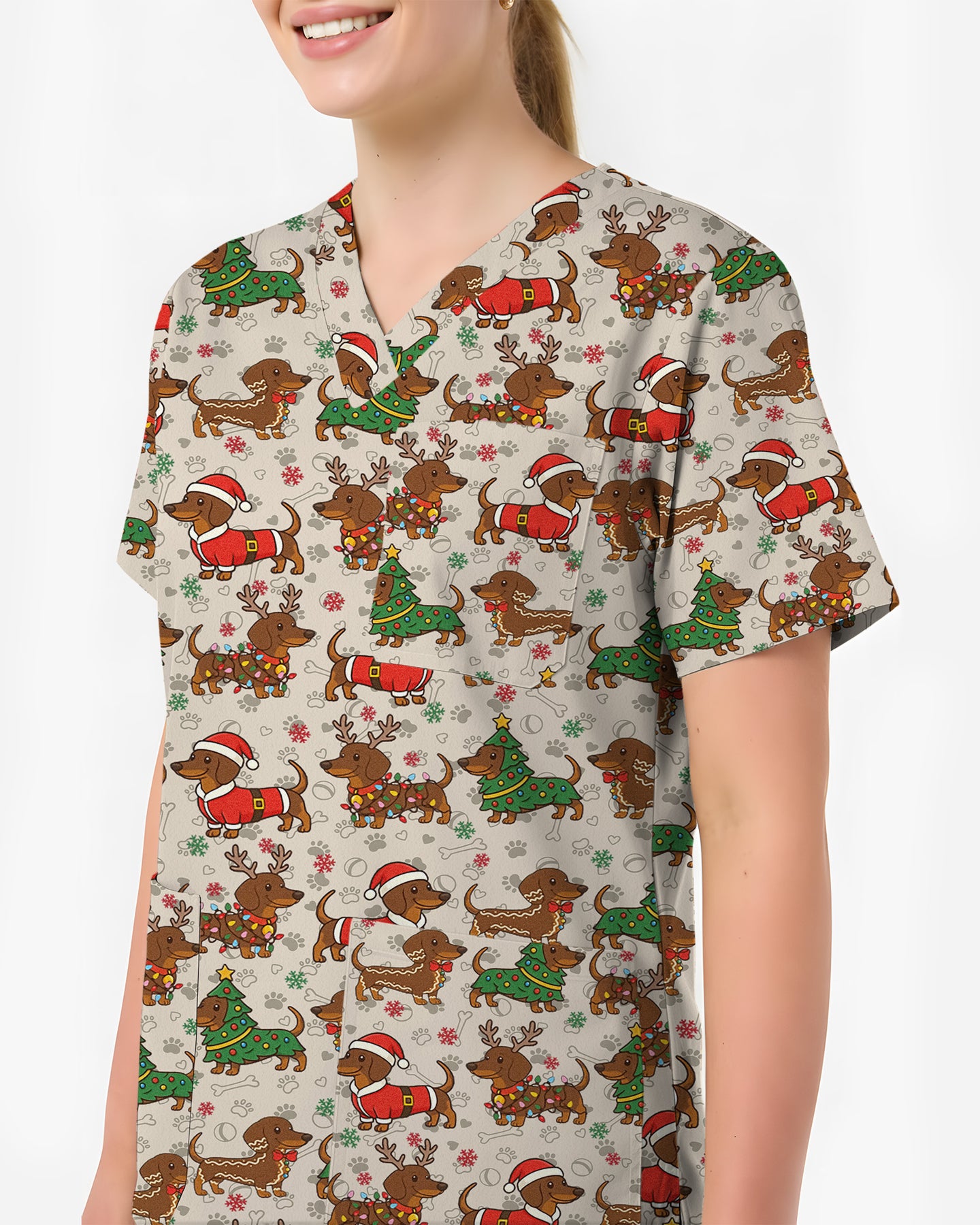 Christmas Dachshund Nurse Holiday Cheer Women Scrub Top