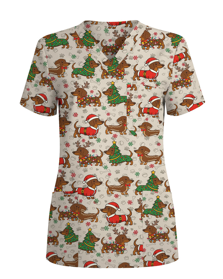 Christmas Dachshund Nurse Holiday Cheer Women Scrub Top