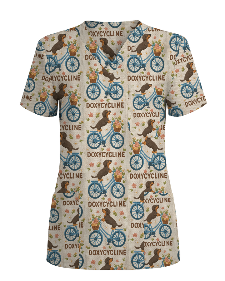 Dachshund Bicycle Pharmacy Pun Party Women Scrub Top