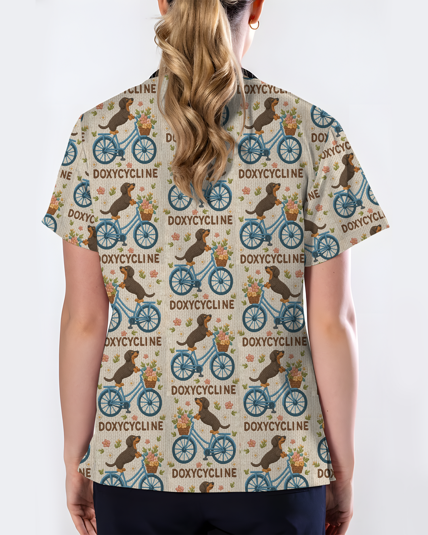 Dachshund Bicycle Pharmacy Pun Party Women Scrub Top