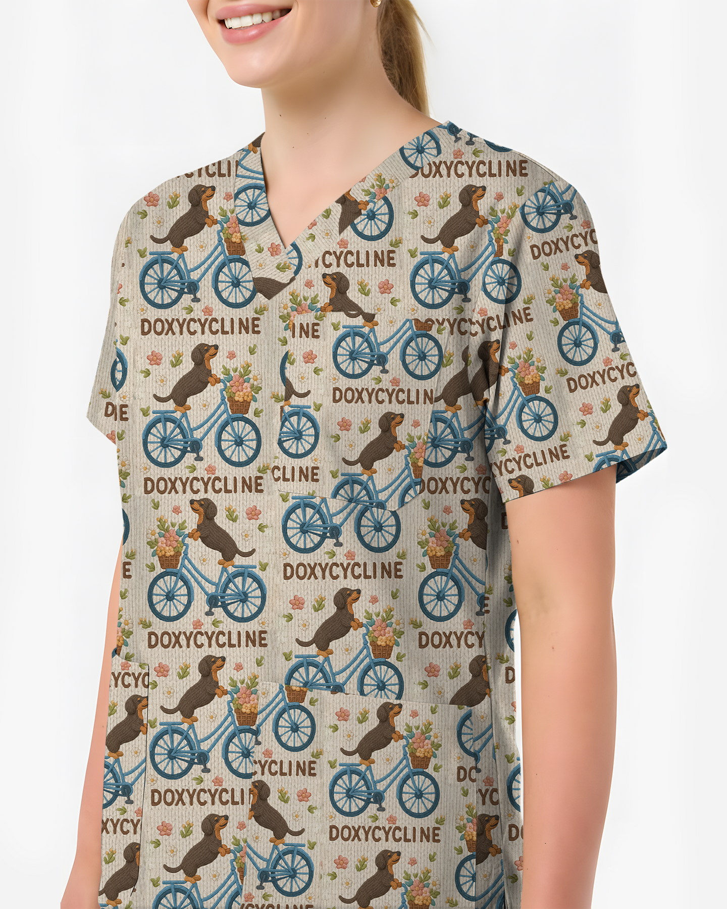 Dachshund Bicycle Pharmacy Pun Party Women Scrub Top
