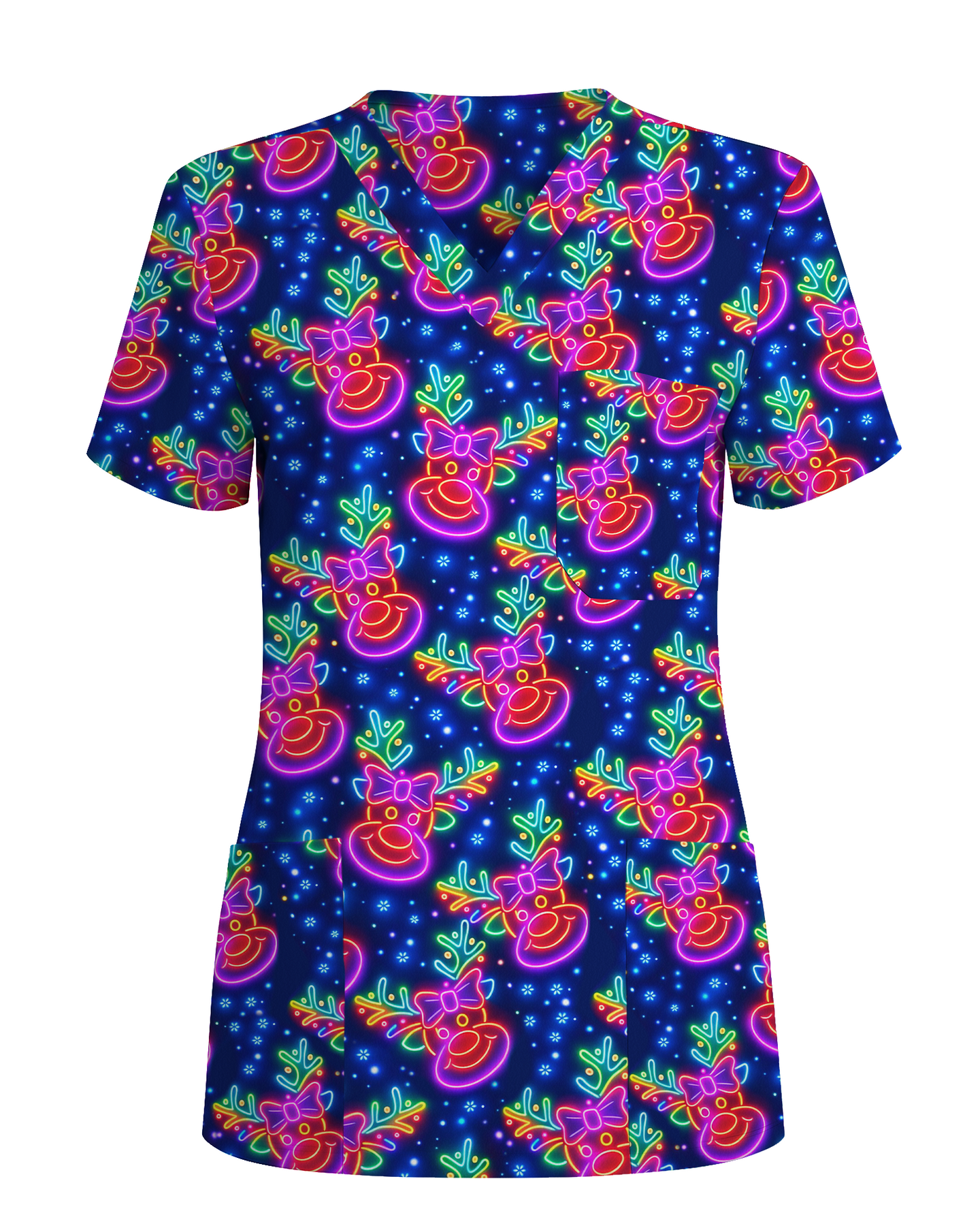 Neon Reindeer Christmas Cheer Glow Women Scrub Top