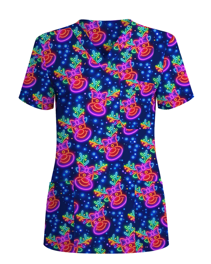 Neon Reindeer Christmas Cheer Glow Women Scrub Top