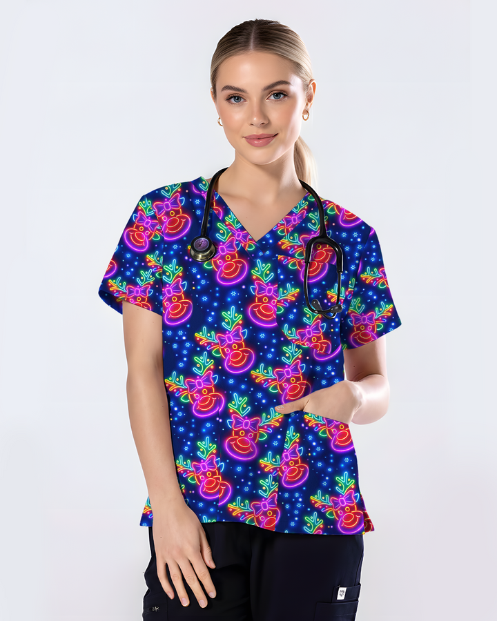 Neon Reindeer Christmas Cheer Glow Women Scrub Top