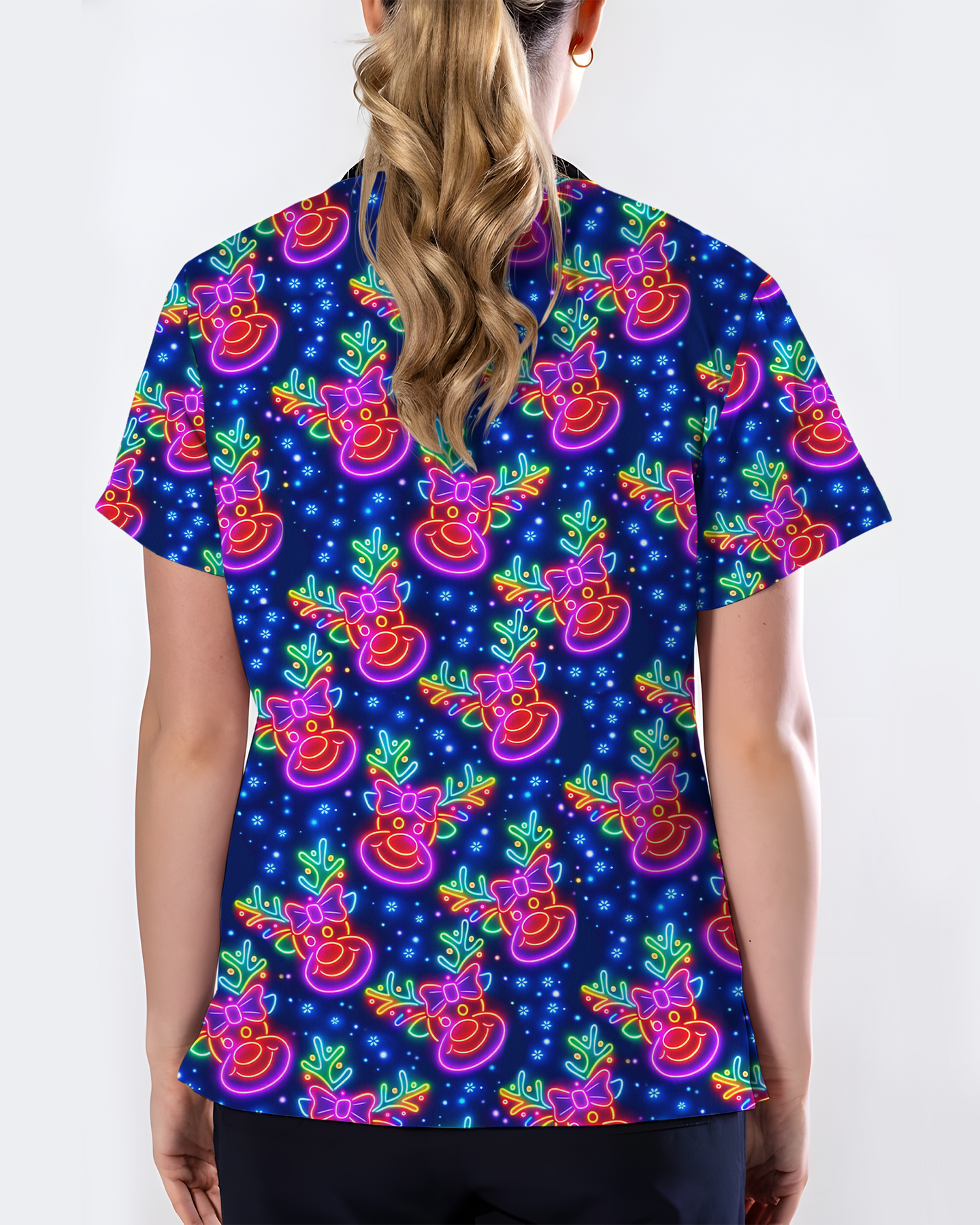 Neon Reindeer Christmas Cheer Glow Women Scrub Top