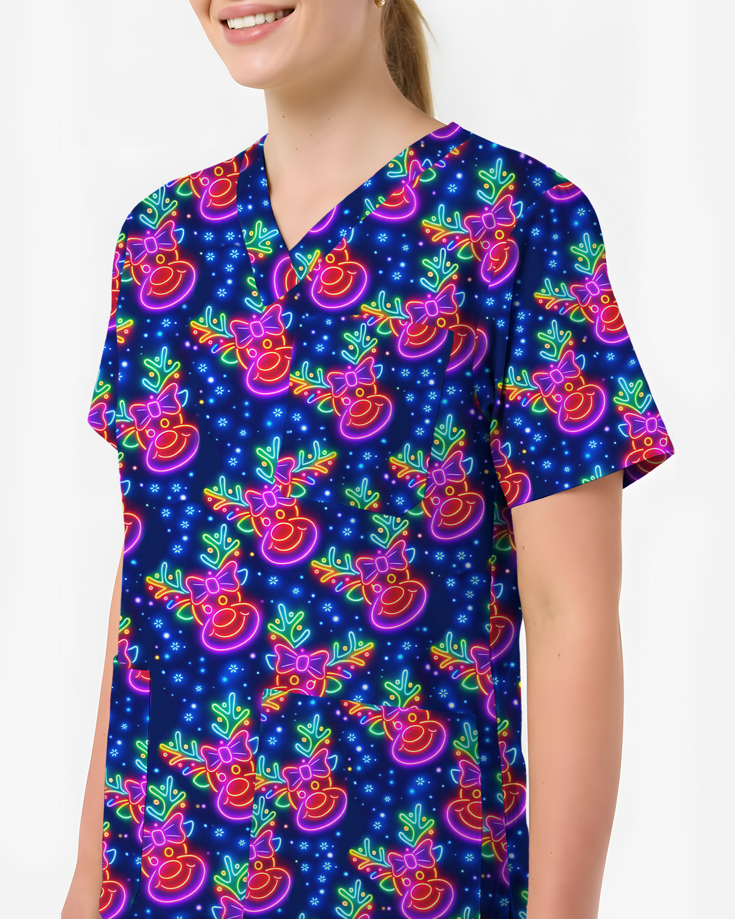 Neon Reindeer Christmas Cheer Glow Women Scrub Top