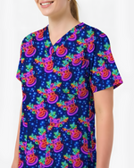 Neon Reindeer Christmas Cheer Glow Women Scrub Top