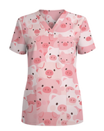 Cute Pig Playful Farm Friends Charm Women Scrub Top