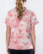 Cute Pig Playful Farm Friends Charm Women Scrub Top