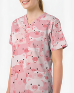 Cute Pig Playful Farm Friends Charm Women Scrub Top