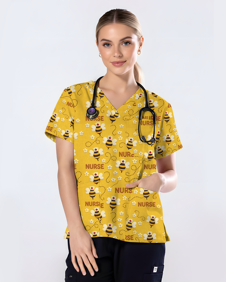 Honey Bee Cheerful Garden Buzz Women Scrub Top