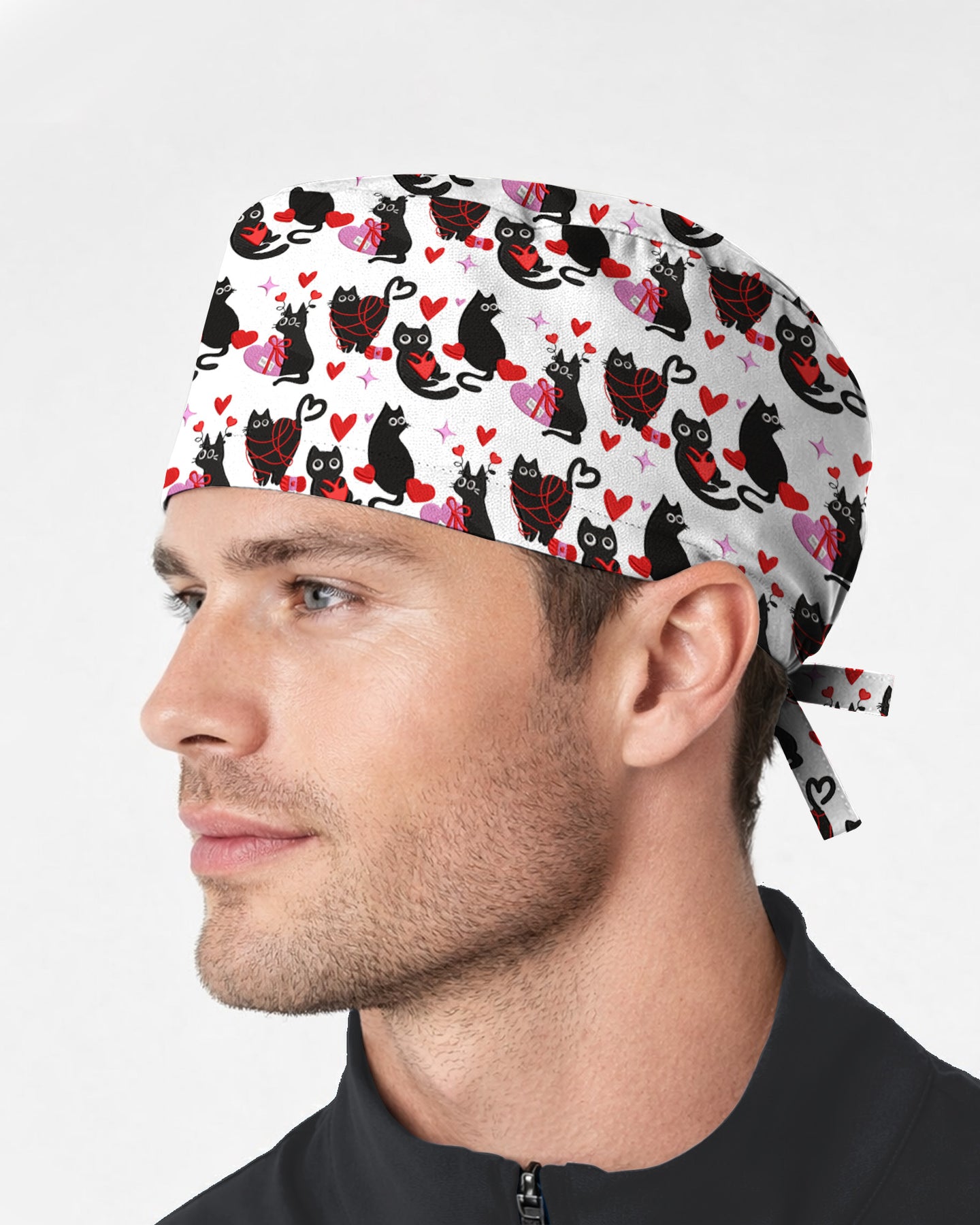 Black Cat Valentine Heart Charm Scrub Cap