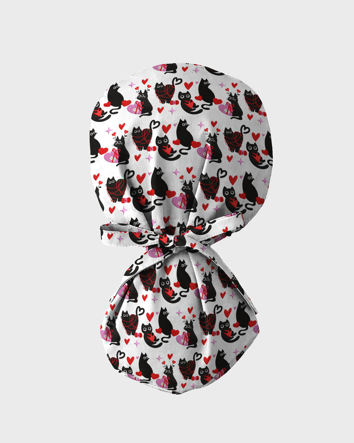 Black Cat Valentine Heart Charm Scrub Cap