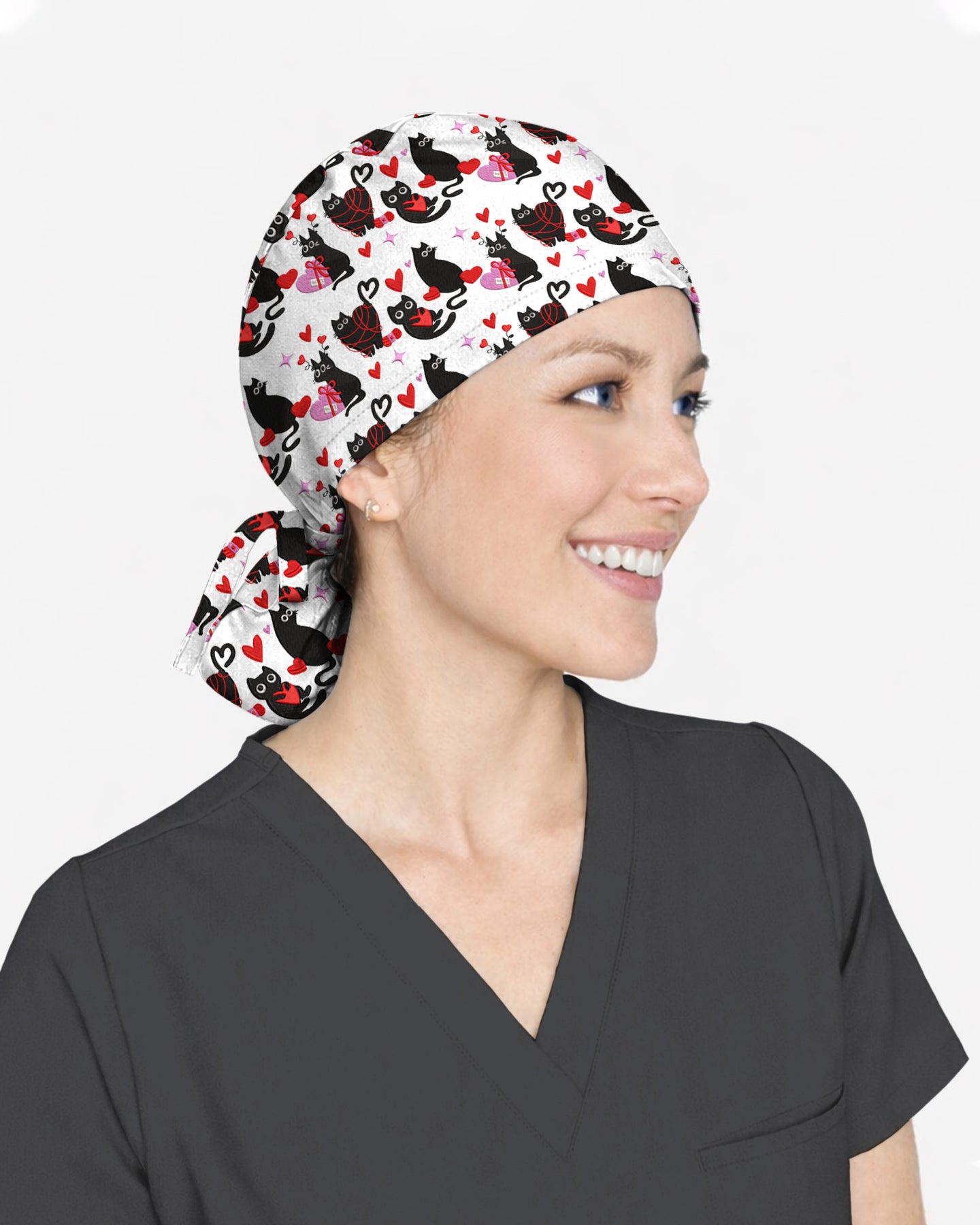 Black Cat Valentine Heart Charm Scrub Cap