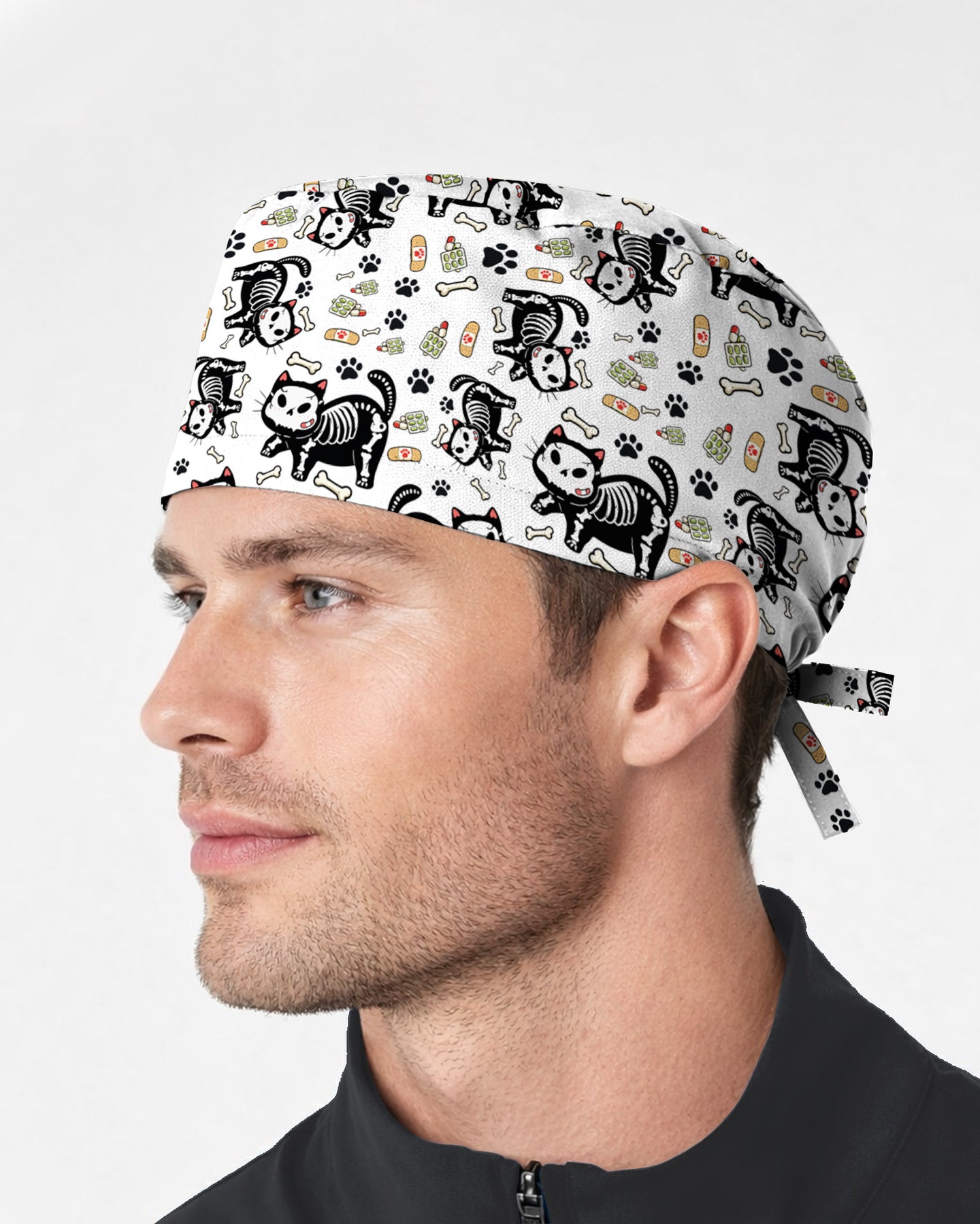 Skeleton Cat Spooky Medical Charm Scrub Cap