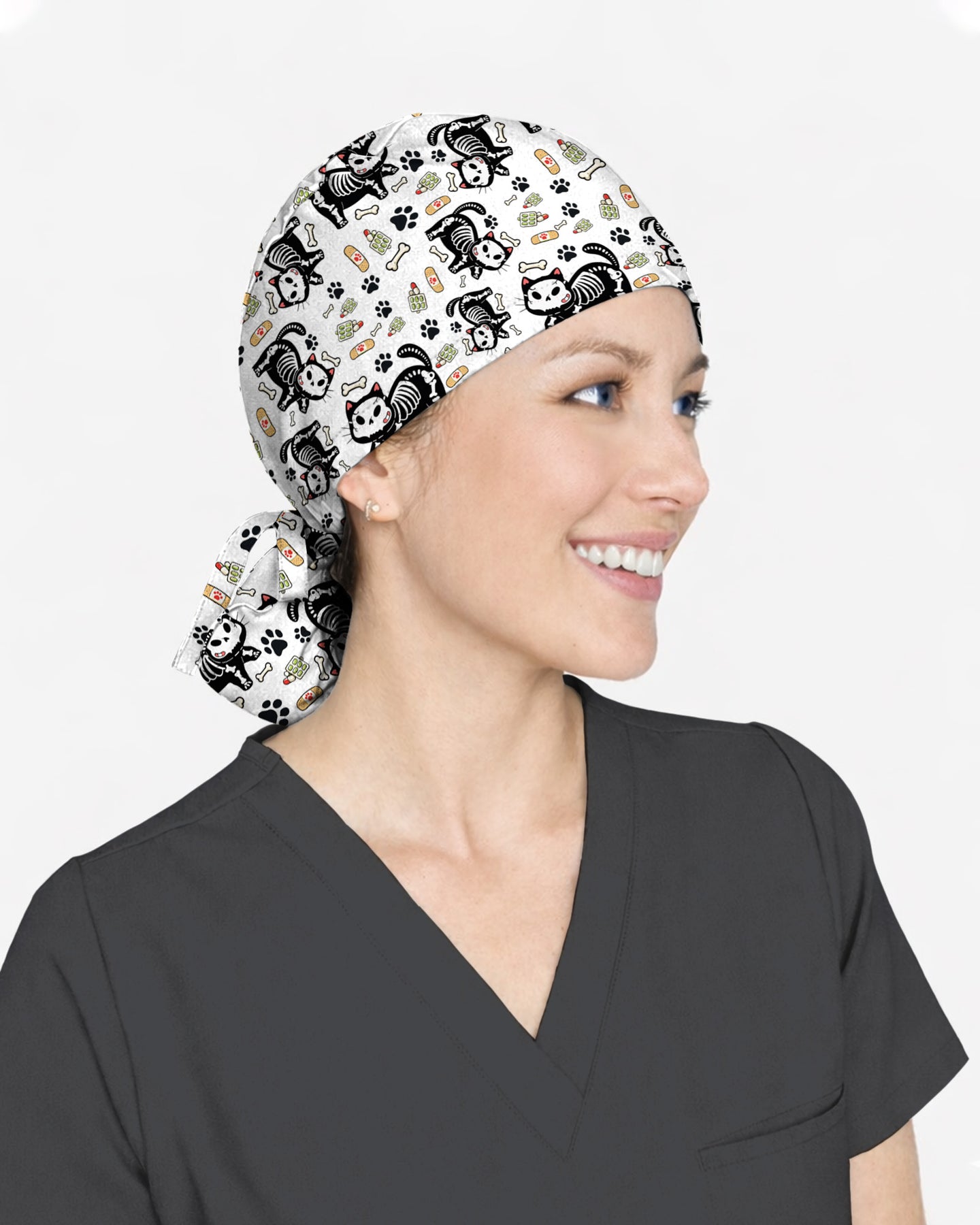 Skeleton Cat Spooky Medical Charm Scrub Cap