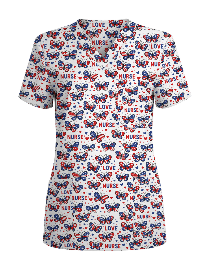 Patriotic American Butterfly Theme Women Scrub Top