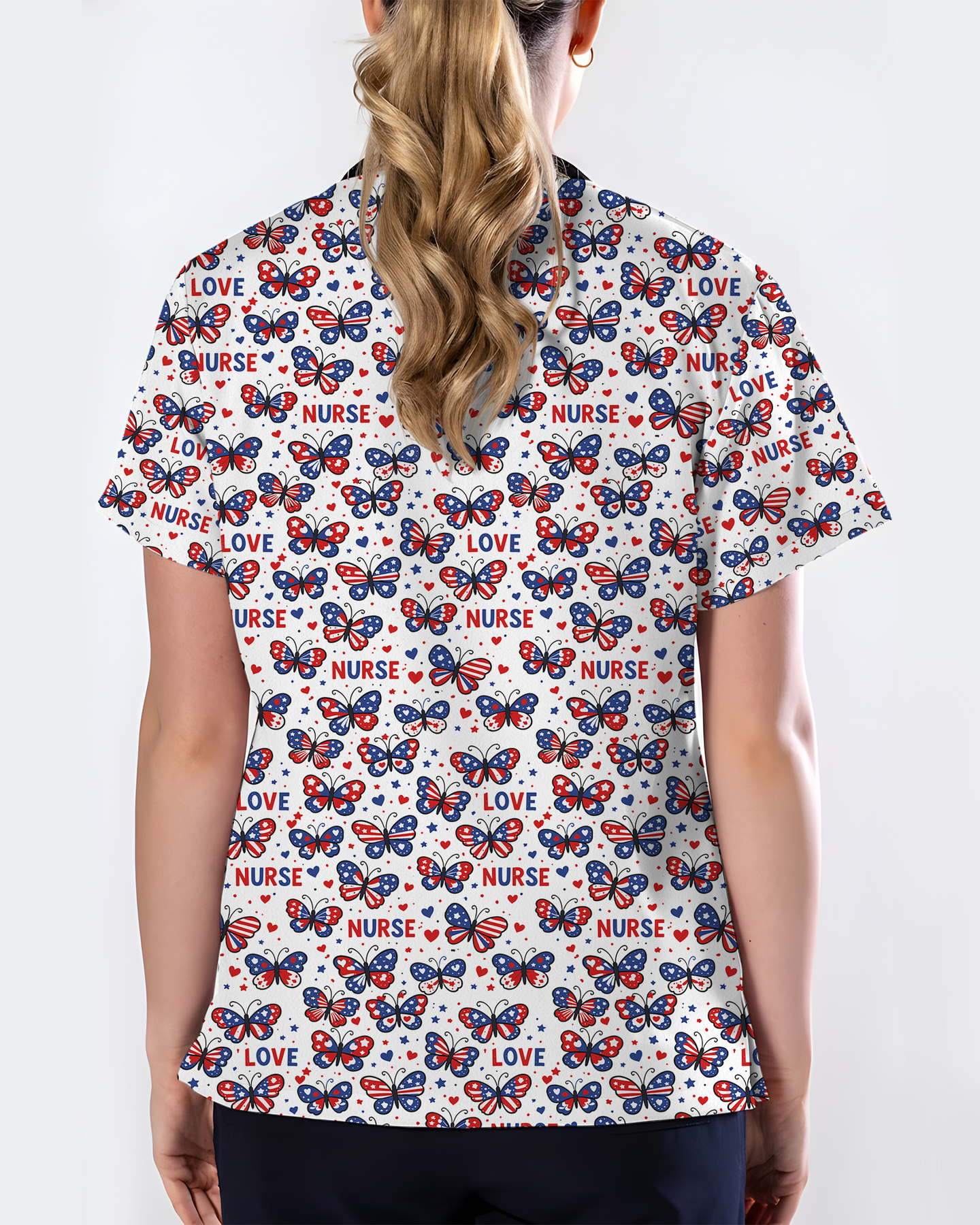 Patriotic American Butterfly Theme Women Scrub Top