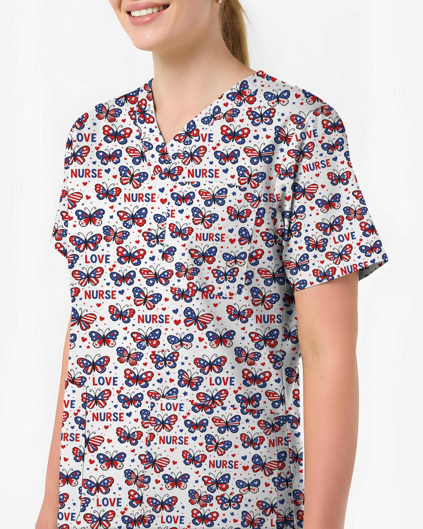Patriotic American Butterfly Theme Women Scrub Top