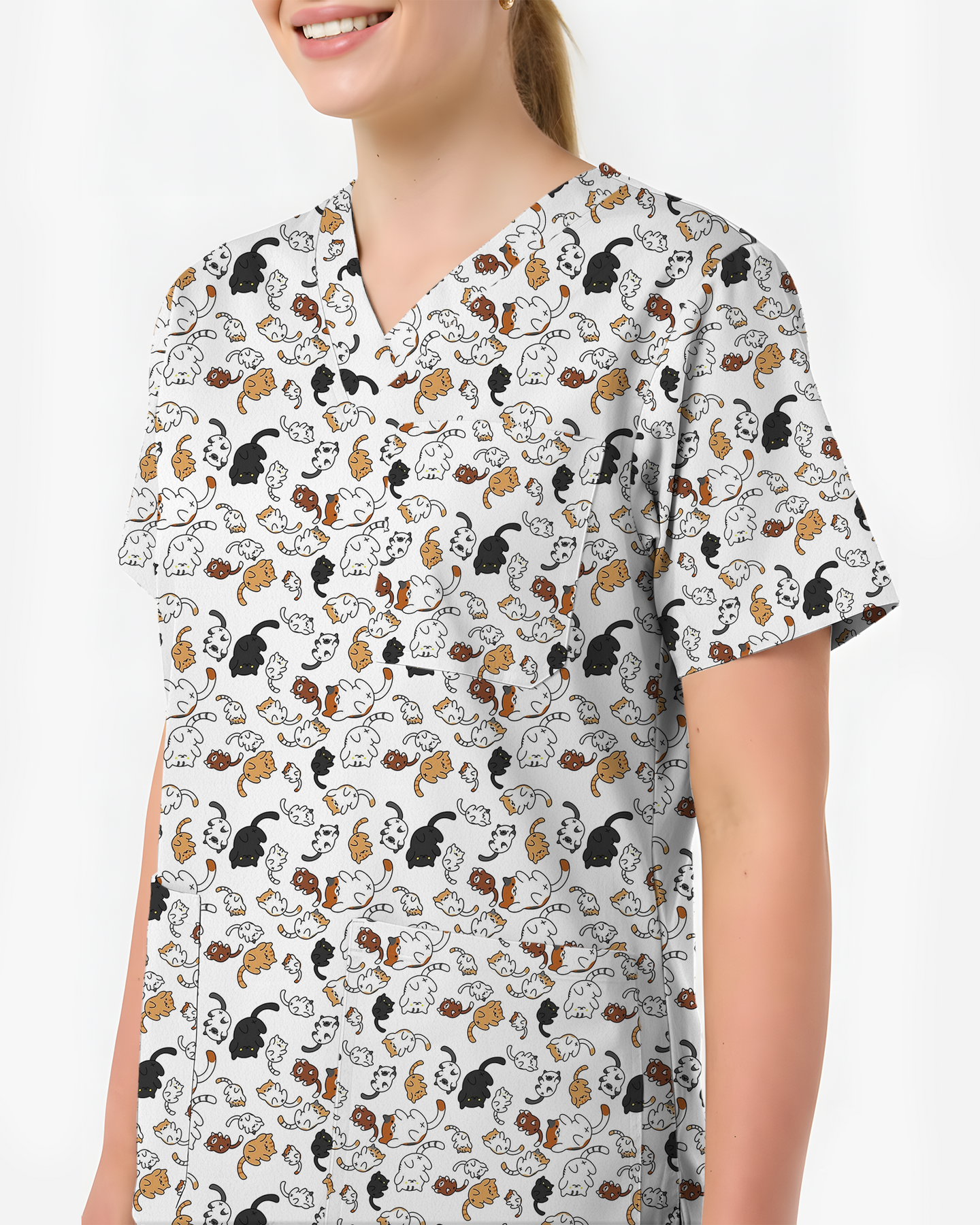 Whimsical Cat Healthcare Illustration Women Scrub Top
