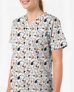 Whimsical Cat Healthcare Illustration Women Scrub Top