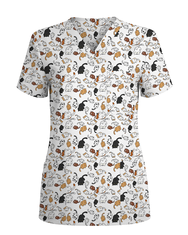 Whimsical Cat Healthcare Illustration Women Scrub Top