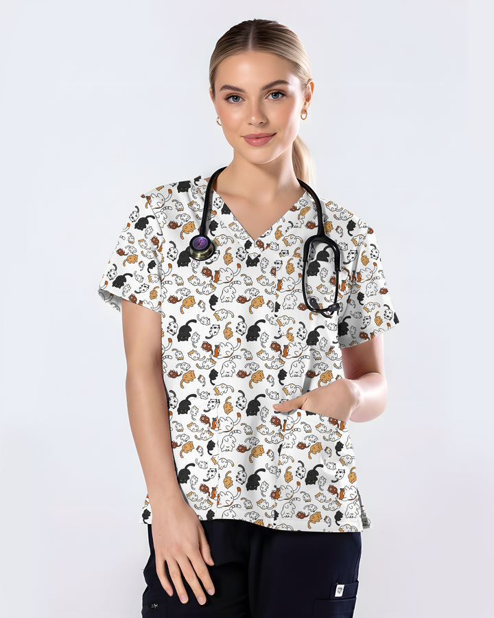 Whimsical Cat Healthcare Illustration Women Scrub Top