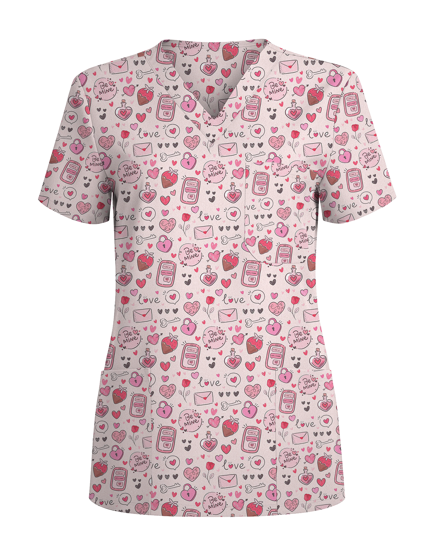 Pink Valentine Heart Theme Women Scrub Top